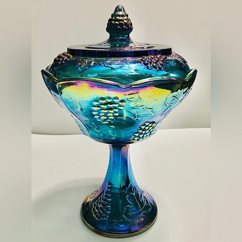 Vintage Indiana Glass “Harvest Grape” Carnival Glass Compote Pedestal Dish